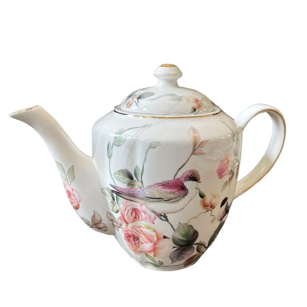 Grace Teaware Fine Porcelain Teapot Very Elegant Floral & Birds 7.5